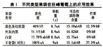 不同类型果袋在葡萄上的应用效果